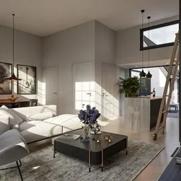 View of the living room of a luxuriously furnished townhouse.