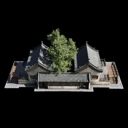 Detailed 3D model of ancient Chinese architecture with intricate roof design and natural elements, optimized for Blender.
