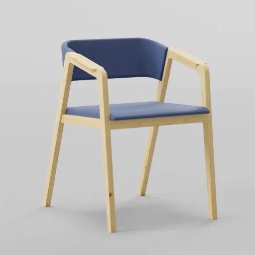 High-quality 3D render of a modern wooden armchair with blue cushion, designed for Blender modeling.