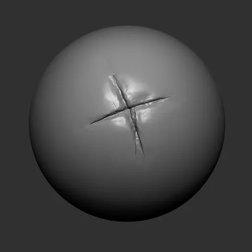 Blender 3D sculpting brush creating detailed cross-cut metal damage effect on 3D model surface.