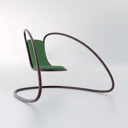 "Find a stylish Cantilever Chair 3D model for Blender 3D. This mid/low poly version showcases a green chair with a curved seat, featuring stylized dynamic folds. Created by artist Karl Hofer, this realistic design is perfect for your 3D projects in Blender."
