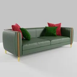 "Barlow Sofa from the Mezzo collection - a bespoke handmade upholstery piece with green tones and golden charms. Modeled in Blender 3D and inspired by mid-century modern and Swedish styles. Features red pillows and oak parquet flooring. Untextured 3D model made in 2019."