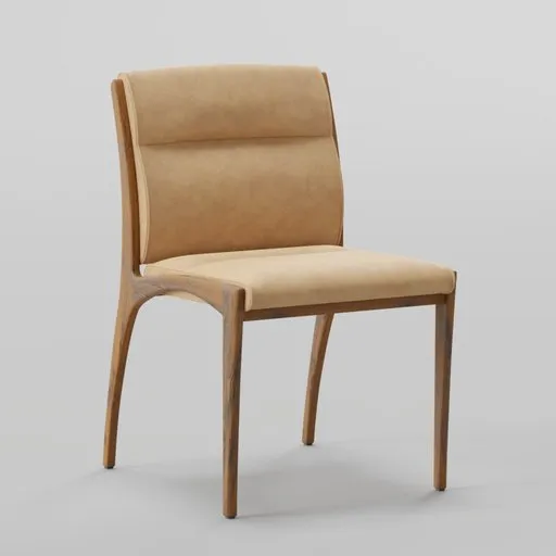 Beige upholstered 3D modeled chair with wooden legs, ideal for interior design in Blender.