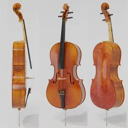 "Replica of a Stradivari cello, modeled in Blender 3D with fine tuners, adjustable bridge and endpin. Handcrafted Archimedean spiral snail and detailed body shape. Perfect for 3D modeling enthusiasts looking for realistic instrument replicas."