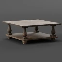 "Highly-detailed 3D model of an old wooden coffee table with scratches and wear, ideal for Blender 3D. This antique piece, created by John Souch, features a square top and rests on a rusticated stone base. Perfect for adding character and realism to your 3D scenes or renders."
