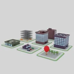 Variety of stylized low poly buildings and accessories for urban 3D modeling, compatible with Blender.
