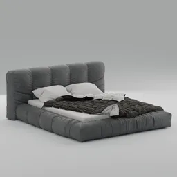 Detailed 3D render of a contemporary kingsize bed for Blender modeling, with textured fabrics and pillows.