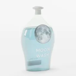Detailed Blender 3D model of a blue MoonWash Shampoo bottle with a moon graphic, ready for rendering and animation.
