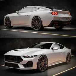 "White Ford Mustang 2023 3D model with exterior and interior details for Blender 3D. Highly rendered concept art inspired by Villard de Honnecourt and featuring front, back, and side views. Manly design with special car body paint."