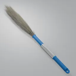 Realistic Blender 3D broom model with detailed plastic handle and textured bristles for cleaning simulation.