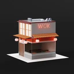 "House WOK - Chinese fusion cuisine diner - 3D model for Blender 3D. This architectural model, inspired by Jan Tengnagel and rendered using Eevee, features a small building with a captivating sign that says 'Work.' Get trendy Japanese-inspired designs for your Blender projects at BlenderKit."