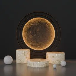 Sophisticated 3D studio scene with marble platforms, spheres, and ambient backlighting, ideal for product display and Blender renders.