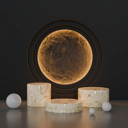 Sophisticated 3D studio scene with marble platforms, spheres, and ambient backlighting, ideal for product display and Blender renders.