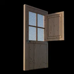 Vintage pinewood 3D model door with textured hammered glass for Blender rendering.