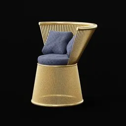 Elegant 3D-rendered gold chair with plush blue cushion, ideal for Blender 3D interior design visualization.