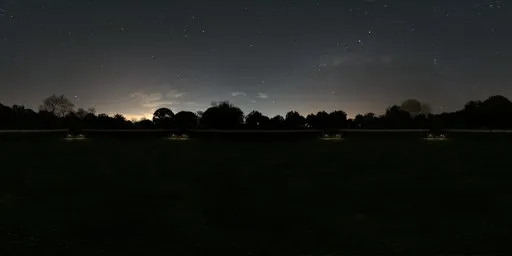 360-degree night garden HDR panorama with trimmed hedges and purple flowers for scene lighting.