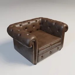 "Brown Leather Chesterfield Armchair 3D Model for Blender 3D - High-quality single-seater furniture with button detailing in a classic leather design. Perfect for realistic 3D renderings and interior scenes. Created by Anton Möller and available on BlenderKit."