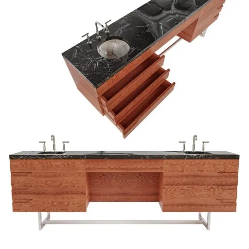 Detailed 3D model of a dual sink bathroom vanity with open drawers and 2K textures, designed for Blender.
