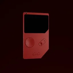 Futuristic red handheld gaming device with screen and buttons, 3D model rendered in Blender.