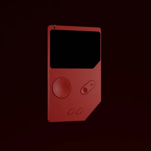 Futuristic red handheld gaming device with screen and buttons, 3D model rendered in Blender.