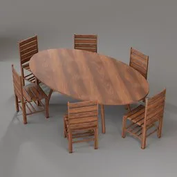 Realistic 3D model of an oval wooden dining table with matching chairs for Blender rendering.