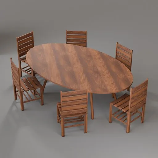 Realistic 3D model of an oval wooden dining table with matching chairs for Blender rendering.