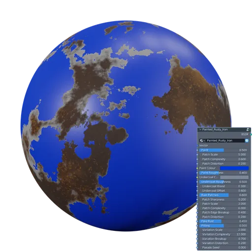 High-quality procedural PBR material with customizable rust and paint for 3D modeling in Blender.