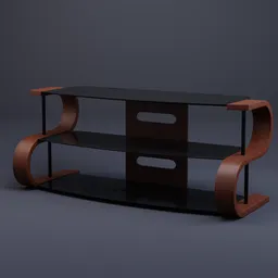 Detailed 3D model of a modern wooden TV stand with dark glass shelves, ready for Blender rendering.