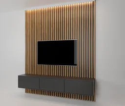 Modern 3D-rendered wooden TV wall unit with ambient lighting, compatible with Blender design software.