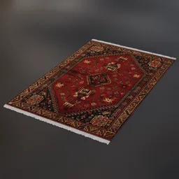 "Highly detailed Persian carpet (ghashghaei) 3D model for Blender 3D. Rendered on Unreal 3D with a red and black color scheme, this middle-eastern style carpet features a moist, dirty texture inspired by Ivan Mrkvička and Constant. Perfect for adding depth to your 3D flooring designs."