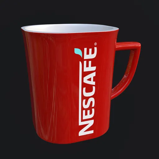 3D rendered glossy red coffee mug with logo, Blender 3D model, isolated on dark background.
