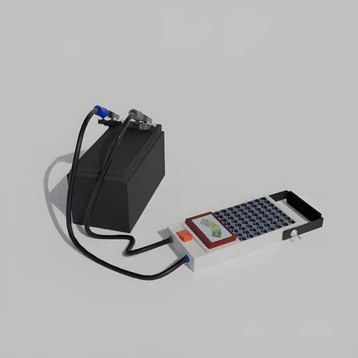 Detailed 3D model of a battery tester with cables and screen interface for Blender rendering.