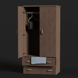 Detailed 3D wardrobe model with open doors showing interior shelves, hanger, and drawers with high-quality textures.