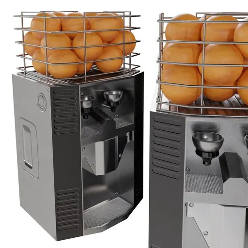 Detailed 3D blender model of a juice machine with oranges, ideal for bar and restaurant scenes.