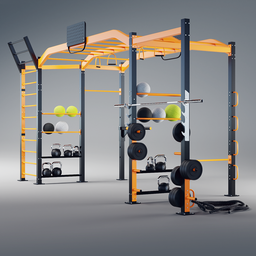 Detailed 3D model of an orange and black CrossFit rig with weights, bars, and ladder for Blender rendering.