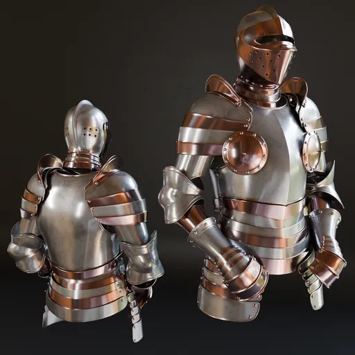 Detailed 3D model of historic military warrior armor with high-quality metal textures, suitable for Blender projects and war game design.