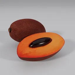 "Exotic sapote fruit 3D model for Blender 3D - high quality and heavily upvoted. Half of the fruit is covered in a black substance that adds a unique touch. Rendered using Pixar Octane, perfect for game design or product visualization."