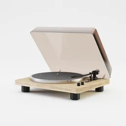 Detailed 3D model of a modern turntable with open lid, designed for Blender, showcasing realistic textures and components.