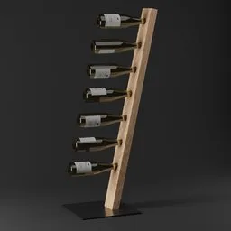 Realistic 3D-rendered wooden wine rack with bottles, Blender compatible, angled view.