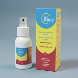 "Antiseptic spray bottle and package 3D model with customizable design. Perfect for pharmacy or clinical product visualizations. Created using Blender 3D software."