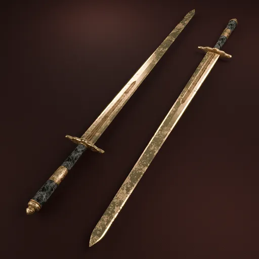 Detailed 3D render of an antique gold broadsword with marble grip and intricate textures, designed using Blender and Substance Painter.