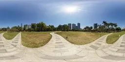 Curved flagstone path HDR for realistic lighting, urban park scene with clear midday sky.