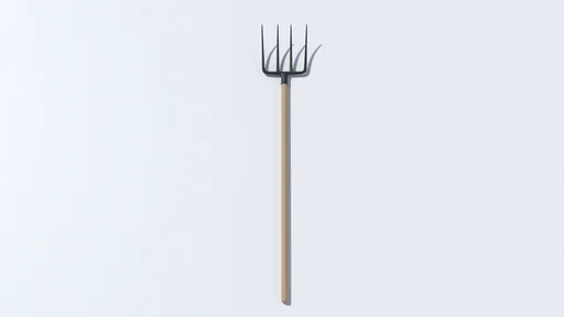Detailed 3D pitchfork model with wooden handle and metal tines, suitable for Blender renders and animations.