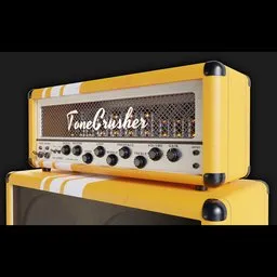 Realistic 3D model of a yellow ToneCrusher guitar stack amplifier, meticulously detailed and designed for Blender.