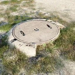 "3D model of a Street Shaft created with Blender 3D, featuring high levels of detail and photorealistic textures. This urban Cityspace asset showcases a manhole with a central hole, surrounded by overgrown grass and captured using photoscanning technology. Perfect for video game assets, Unreal Engine 5 renders, and Source Engine maps."