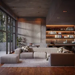 High-quality 3D beach house living room scene with PBR textures, unique furniture designs, and Substance material details.