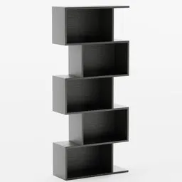 Detailed 3D model of a unique, modern asymmetric bookshelf design with various shelf sizes for interior decor in Blender 3D.