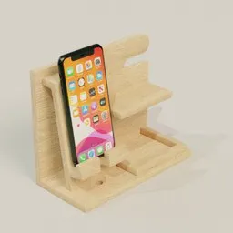 3D-rendered wooden phone holder model, compatible with Blender, showcasing intricate design and practical use.