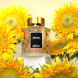 Realistic 3D modeled perfume bottle amidst vibrant sunflowers for product visualization.