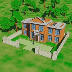 Detailed 3D cartoon school scene for animation, surrounded by trees with Blender compatibility.